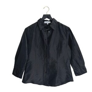 Carolina Herrera Essential Black Silk Taffeta Button Down Collared Shirt Top